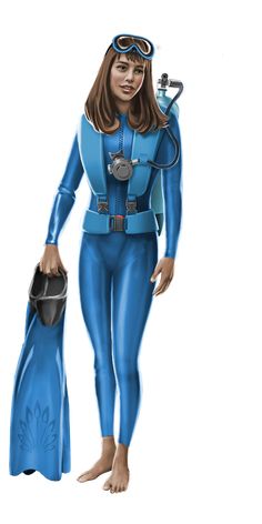 a drawing of a woman in blue diving gear