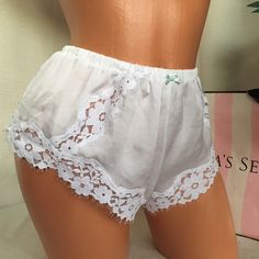 Nwt "I Do " White Bottoms With Built-in Shorts For Daywear, White Sleepwear With Built-in Shorts, White Short Bloomers For Spring, White Fitted Pajama Shorts, White Stretch Shorts For Daywear, White Fitted Brief Shorts, Fitted White Brief Shorts, Fitted Lace Trim Pajama Shorts, White Cotton Short Bloomers