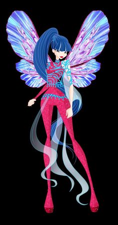 a fairy with blue hair and pink wings