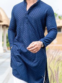 Best Kurta Pajama Design For Men, Kurtas For Men Style Indian Casual, Kurta For Man Design, Men Kurta Designs Style Mirror Work, Chicken Work Kurta Designs Men, Traditional Mens Outfit, Chikankari Suits Men, Party Kurta For Men, Lakhnawi Kurta For Men