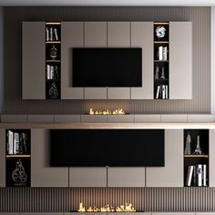 modern living room with built - in entertainment center and fire place on the side wall