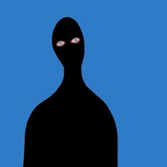 the silhouette of a person with red eyes and an evil look on their face, against a blue background