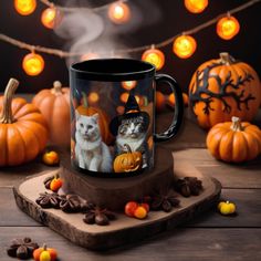 two cats in witches hats on a black coffee mug surrounded by pumpkins and candy