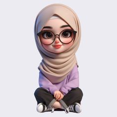 a cartoon character sitting on the ground wearing glasses and a hijab with her legs crossed