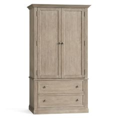 a wooden armoire with two drawers and one door on the bottom shelf, in grey wood