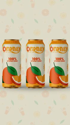 three cans of orange juice on a floral background with the words orange written in green