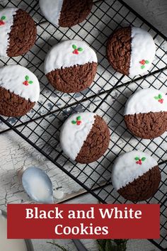 black and white cookies on a cooling rack