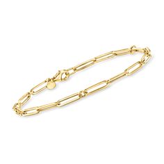 Ross-Simons - Italian 18kt Yellow Gold Paper Clip Link Bracelet. 8". Everyone loves paper clip links! Our must-have bracelet shines in rich 18kt yellow gold with a classic silhouette that looks luxe alone or paired with all of your favorite stackables. Made in Italy. Lobster clasp, 18kt yellow gold paper clip link bracelet. Classic Yellow Gold Paperclip Bracelet With Cable Chain, Modern Gold Clasp Link Chain Bracelet, Luxury Yellow Gold Paperclip Chain Link Bracelet, Classic 14k Gold Chain Bracelet With Gold Clasp, Modern Link Chain Bracelet With Gold Clasp, Classic Gold-tone Chain Bracelet With Gold Clasp, Classic Link Chain Bracelet With Gold Clasp, Classic Yellow Gold Cuban Link Bracelet, Timeless Formal Yellow Gold Paperclip Bracelet