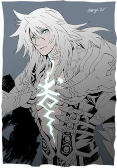 an anime character with white hair and blue eyes, holding his hand on his hip