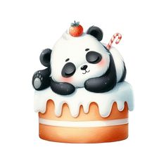 a panda bear sitting on top of a cake with a candy cane in it's mouth