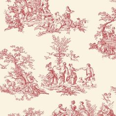 red toiler wallpaper with people and animals in the woods on white background