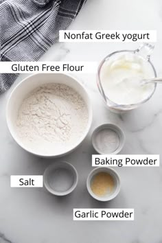 ingredients to make gluten free flour on a white marble countertop with text