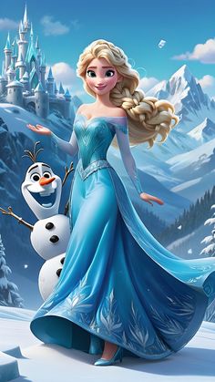 the frozen princess is standing in front of her snowman