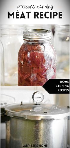 a jar filled with meat sitting on top of a stove