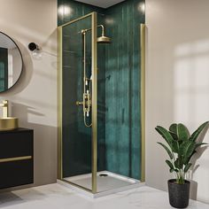 a bathroom with a green shower stall and white counter top next to a potted plant