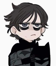 an anime character with black hair and blue eyes, wearing a batman costume while holding his arms crossed