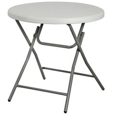 a white plastic table with metal legs and a round top, on a white background