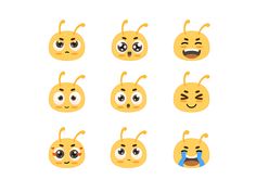 an emoticive set of cute little yellow bug faces with different expressions and eyes