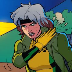 an animated image of a woman with grey hair and yellow gloves holding her hands up