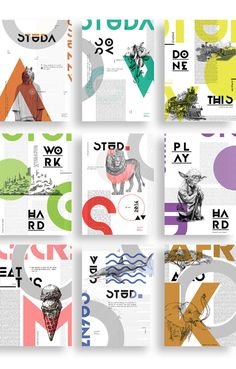 six posters with different types of animals and letters on them, all in various colors