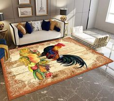 a living room area rug with roosters on it