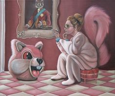 a painting of a woman brushing her teeth next to a pink squirrel with a mirror in the background