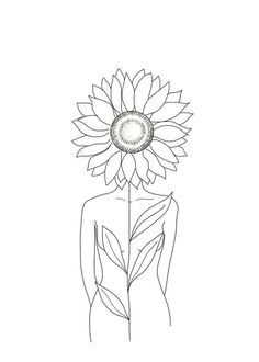 a drawing of a woman with a sunflower on her head in front of a white background