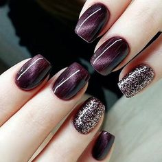 Stylish 24 PCS Color Change Purple Red Cat Eye and Glitter Powder Nail Art False… Simple Fall Nails, Fall Nail Art Designs, Cute Simple Nails, Fall Acrylic Nails, Simple Nail Art Designs