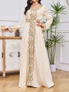 Women Elegant Dresses, Stylish Arabic Muslim Embroidered Abaya Dress Long Sleeve Embellished Embroidered Dress For Eid, Embroidered Long Sleeve Dress For Eid, Festive Elegant Abaya With Floral Embroidery, Embroidered Long Sleeve Abaya For Party, Long Sleeve Maxi Dress With Dabka Work For Eid, Modest Beige Dress For Eid, Long Sleeve Embellished Maxi Dress For Eid, Elegant Floor-length Thobe With Floral Embroidery, Floral Embroidered Abaya For Eid Wedding