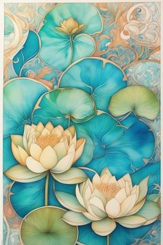 a painting with water lilies and leaves on it