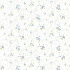 a white and blue flowered wallpaper with small flowers on the bottom half of it