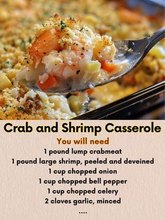 a recipe for crab and shrimp casserole on a spoon with the caption