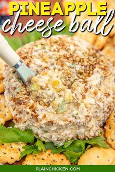 pineapple cheese ball with crackers on the side