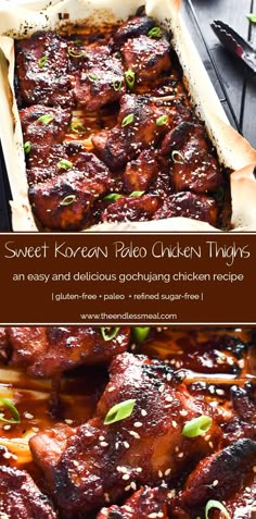 sweet korean palen chicken thighs in a pan with chopsticks