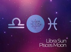 the libra sun and pisces moon symbol on a purple background with stars