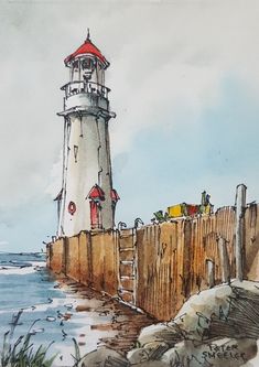 a watercolor painting of a lighthouse near the ocean