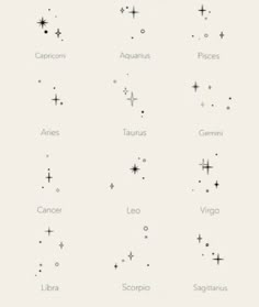 zodiac signs and their names are shown in black ink on a white background with stars