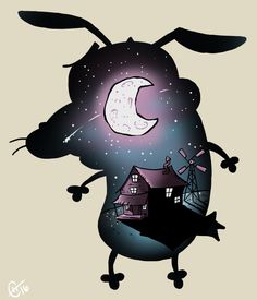 a cartoon rabbit with a house on it's back and stars in the sky