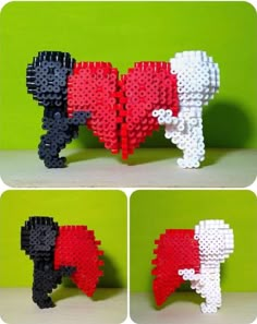 four different images of the same object made out of legos, each with their own heart