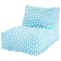 a blue and white polka dot print chair with pillows on the bottom, side view