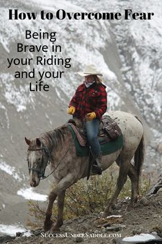 a man riding on the back of a white horse next to snow covered mountains with text overlay that reads, have more energy for riding with this easy 5 - minute routine