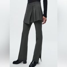 Zara Zw Collection Pants With Box Pleat Skirt Nwt Size Small Gray 14” Waist Laying Flat 32” Inseam Skirt On Pants, Hem Dress Pants, Zara Pleated Skirt, Sparkly Jumpsuit, Box Pleat Skirt, Wrap Pants, Zara Jumpsuit, Pleat Skirt, Satin Trousers