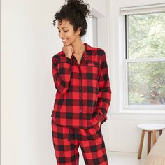 I’m Pretty Sure This Plaid Too Was Intended To Be Pajamas, But It Really Could Just Be A Plaid Top. Soft Material And Vibrant Colors. Never Worn, Nwt. Winter Sleepwear, Loungewear Outfits, Winter Pajamas, Lounge Top, Plaid Pajamas, Cardigan Shirt, Casual Cardigans, Home Wear, Red And Black Plaid