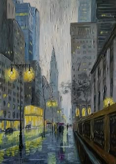 a painting of people walking in the rain on a city street at night with lights