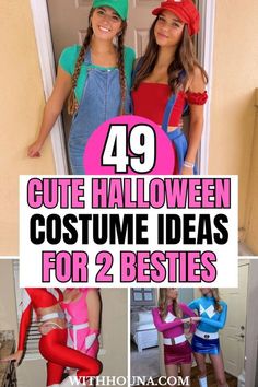 two girls dressed up in costumes with the words 39 cute halloween costume ideas for 2 besties