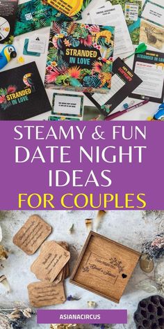 the cover of steamy and fun date night ideas for couples, with lots of different items