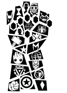 an abstract black and white design with many different symbols