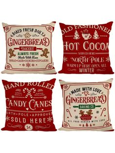 four red and white christmas pillows with different sayings on the front, one for each pillow