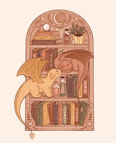 an illustration of a dragon sitting on top of a bookshelf filled with books