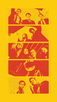 an orange and yellow poster with people on it